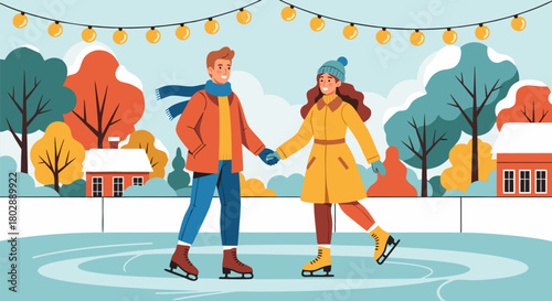 Couple Skating on Ice Rink in Winter Scene with Cozy Holiday Lights Overhead