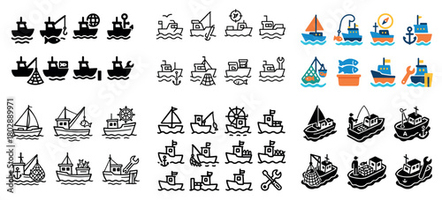 Various boat icons and maritime symbols collection