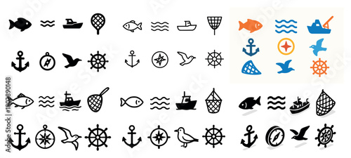 Nautical icons: ships, anchors, fish, and waves