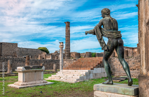 The ruins of the Temple of Apollo, aka the Sanctuary of Apollo, a Roman temple built in 120 BC and dedicated to the Greek and Roman god Apollo in the ancient Roman town of Pompeii, in southern Italy.