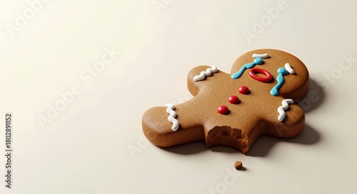 Sad gingerbread man cookie with a bite taken out. Crying Christmas biscuit with broken leg. Holiday stress and funny failure concept with copy space
