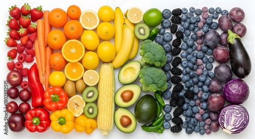 Fototapeta Naklejka Na Ścianę i Meble -  Assortment of fresh fruits and vegetables arranged by color on a white background