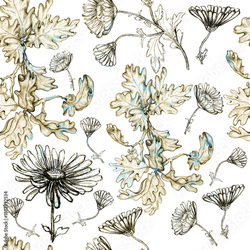 Seamless Pattern with Chrysanthemum and Oak