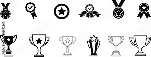 Collection of black and white vector icons representing various awards including medals ribbons trophies and cups symbolizing achievement success and victory in competitions and sports