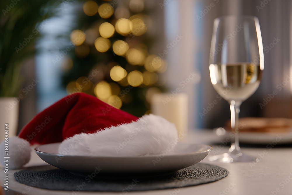 Obraz premium Santa Cap on Used Dinner Plate in Post-Christmas Mess. Festive Table Remnants with Blurred Evergreen Backdrop