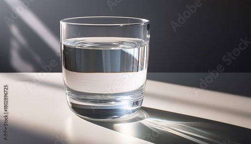 a clear glass of water sits on a light surface reflecting soft light and casting a gentle shadow