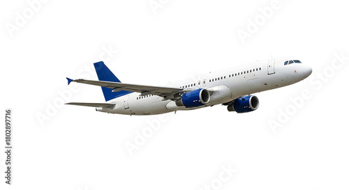 Passenger jet airplane, White with blue engine nacelles and tail fin in flight, isolated on white or transparent background. PNG