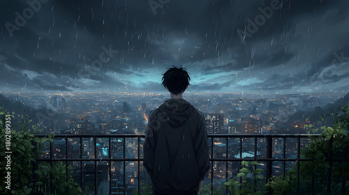 A lone boy standing on a balcony at night, looking out at the rainy city, with rain falling beyond the railing. The atmosphere is heavy with longing, heartbreak, and quiet resignation.