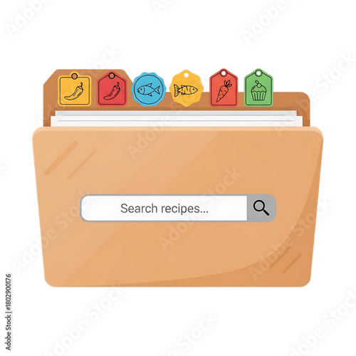 Recipe search folder with colorful ingredient tabs.
