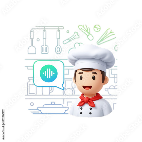 Chef avatar with sound waves representing voice command cooking.