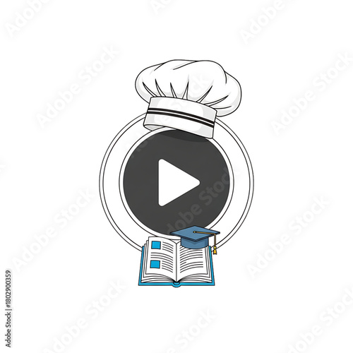 Chef hat play button over recipe book for tutorial videos.