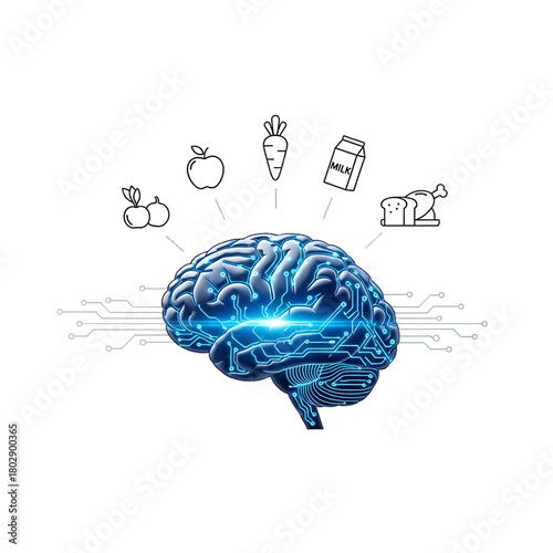Brain with floating food icons showing nutritional thinking.