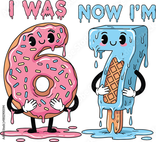 Cute 67 Trend Donut and Popsicle Characters – I Was 6 Now I’m 7 Dripping Cartoon Birthday Illustration