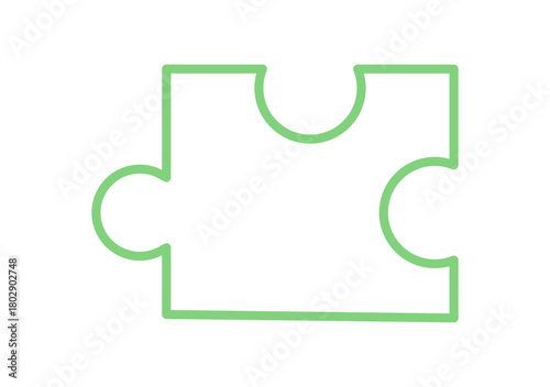 Flat silhouette jigsaw puzzle piece in green outline. Simple puzzle piece for table games and children toys. Fun activity tile for boardgame, playing, and leisure.