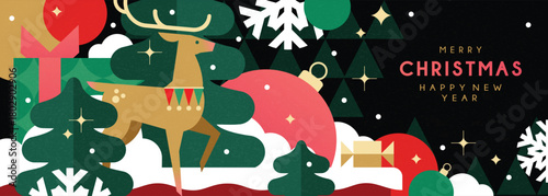 Christmas banner in contemporary flat minimalist style with deer. Design for Holiday banner, advent calendar or greeting card. Vector illustration
