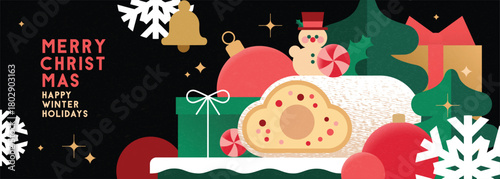 Christmas banner in contemporary flat minimalist style with German traditional Christmas Stollen. Design for Holiday banner, advent calendar or greeting card. Vector illustration
