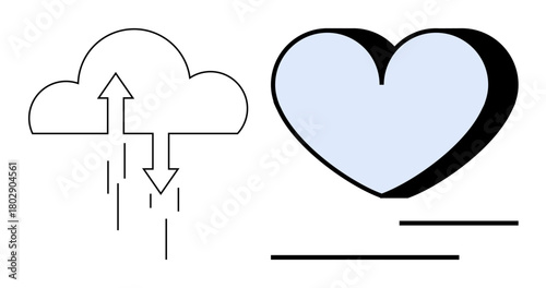 Cloud with arrows indicating data exchange next to a blue heart symbolizing care and emotion. Ideal for technology, communication, love, cloud services, connections, emotions, and integration. A