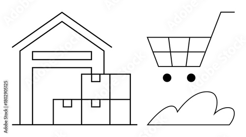 Warehouse with stacked boxes next to a shopping cart emphasizes logistics, packaging, delivery, e-commerce, supply chain, order management, and inventory in a simple flat metaphor