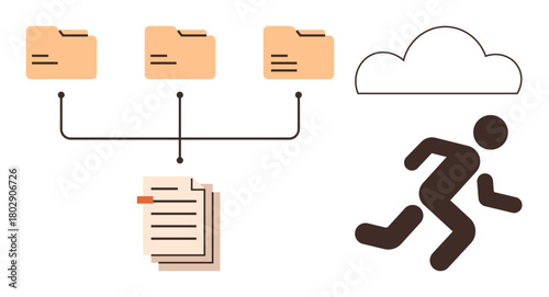 Connected folders linking to cloud storage, stack of documents, and running figure. Ideal for data management, cloud migration, digital transformation, efficiency, speed, remote work simple flat