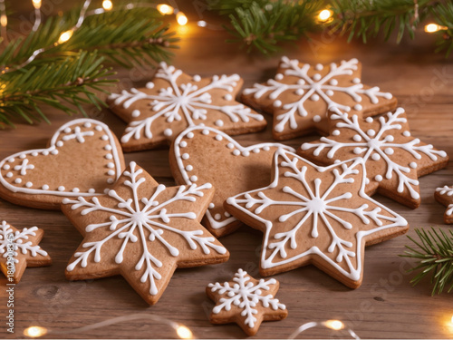 Close-up photo of Christmas gingerbread cookies decorated with white icing, on a wooden table with pine branches and warm fairy lights, ultra-realistic, shallow depth of field