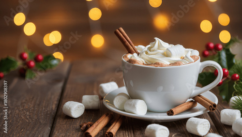 Cup of hot chocolate with marshmallows, cinnamon stick, and whipped cream, warm bokeh lights in background, cozy Christmas mood