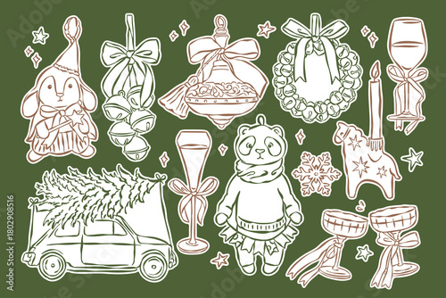 Christmas ornament doodles collection. Art for greeting cards, holiday invitations, poster design, postcards, branding, logo design, background.	