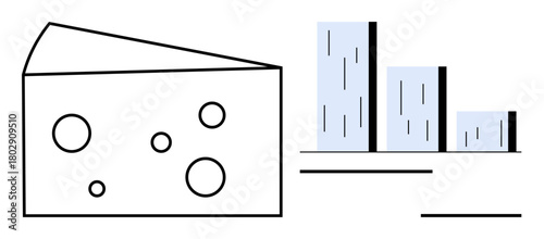 Cheese wedge with holes beside minimalist bar chart of varying heights. Ideal for data comparison, analytics, humor in business, contrasts, uniqueness, creativity, visualization, simple flat metaphor