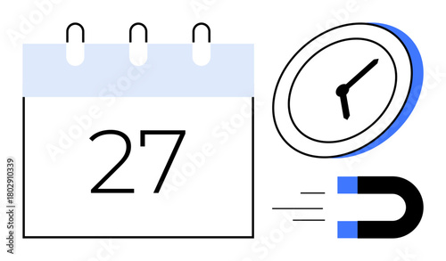 Calendar displaying date, clock symbolizing time, and magnet signifying attraction. Ideal for scheduling, time tracking, productivity, planning, deadlines efficiency organization. Simple flat