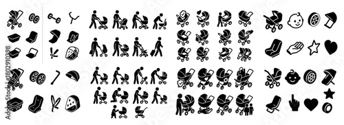Baby stroller silhouette icons collection