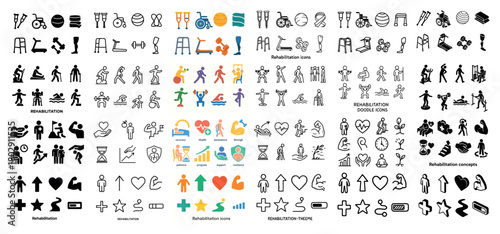 Rehabilitation icons set with diverse activities