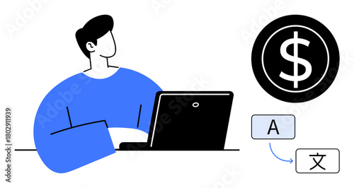 Person working on laptop, language translation icons, and dollar sign. Ideal for commerce, freelancing, global business, technology, financial transactions, digital work accessible communication