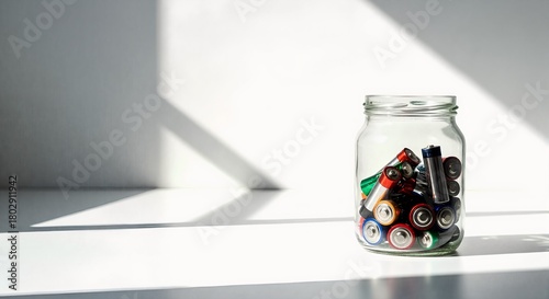 A glass jar full of used batteries for recycling. E-waste collection and hazardous waste disposal concept. Minimalist still life with copy space