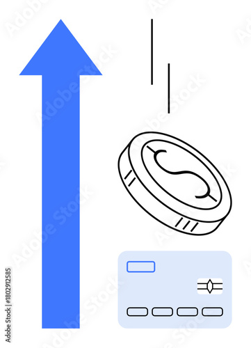 Blue arrow pointing upward, coin representing money, and credit card highlighting transactions. Ideal for business success, financial planning, investments, e-commerce, banking, payment methods