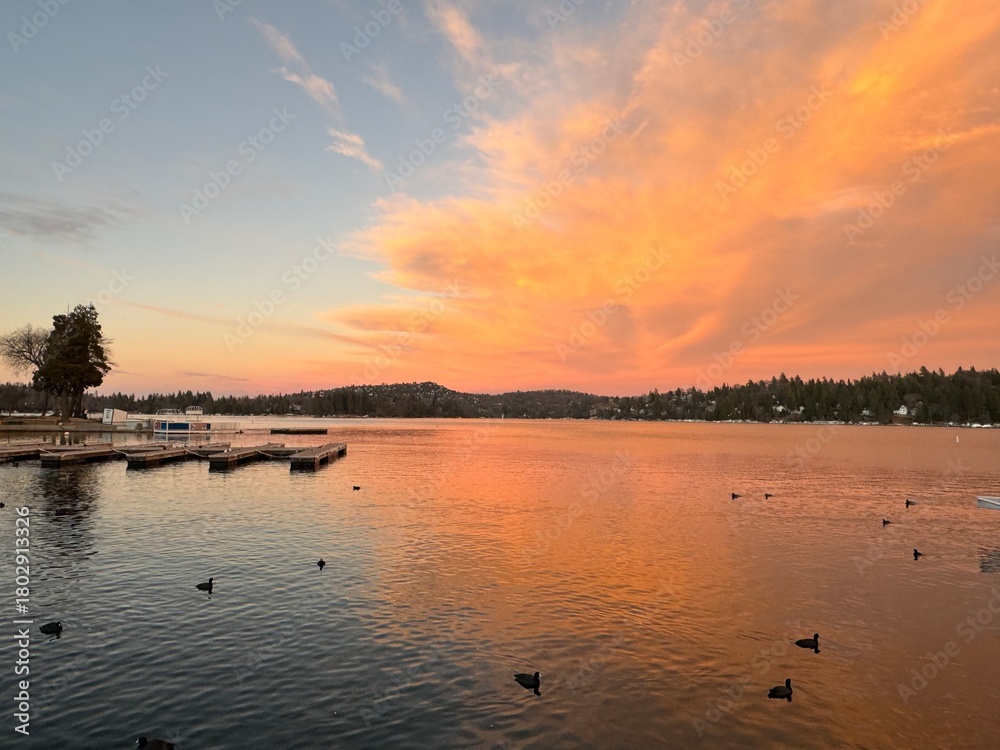 Fototapeta premium Peaceful lake sunset with golden clouds and ducks on the water