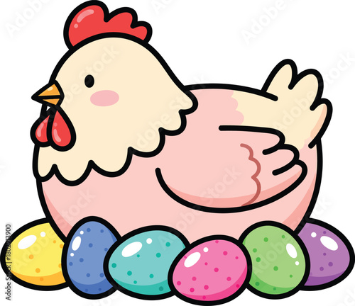 A cute cartoon hen with a pink body and red comb sitting on a clutch of colorful speckled Easter eggs.