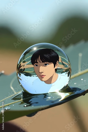 illustration of a person looking at their reflection in a drop of water on a leaf, macro perspective
