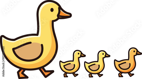 A cute cartoon mother duck walking with her three yellow ducklings following in a line.