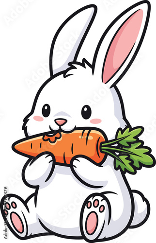 Adorable white cartoon bunny with pink ears sitting and nibbling on a large orange carrot.