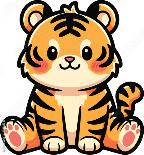 Adorable cartoon tiger cub sitting with a sweet smile and rosy cheeks.