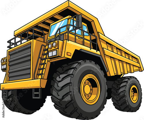 Bold vector illustration of a giant yellow mining dump truck with oversized wheels.