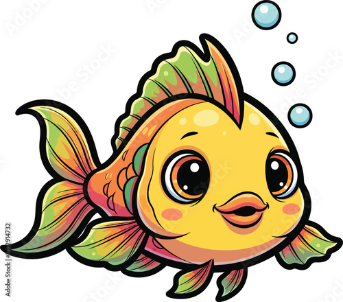 Charming illustrated goldfish with big kawaii eyes rosy cheeks and colorful gradient fins.