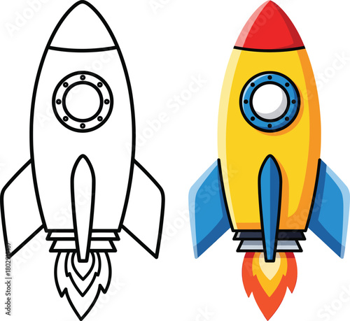 Colorful cartoon rocket ship illustration with its corresponding black and white line art outline.