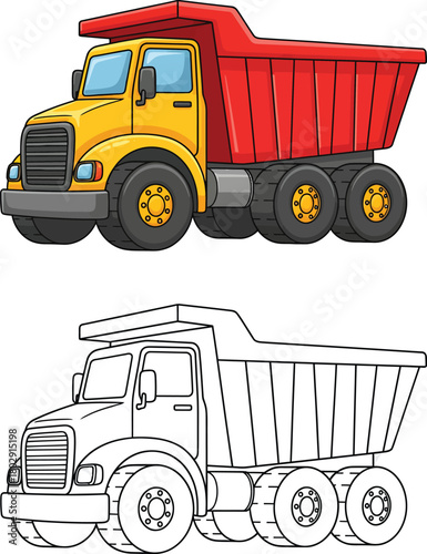 Colorful cartoon dump truck illustration and a black and white line art coloring page version.