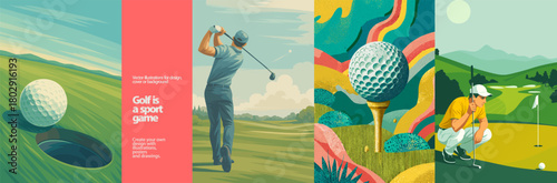 Stylized golf illustrations featuring players, swings, golf balls, lush landscapes, and vibrant abstract elements. Perfect for sports posters, tournament branding, golf clubs, training guides, and out
