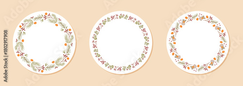Christmas wreath collection in circular flat set style. Winter frame with pine, berry and ornament theme. Kraft box and gift accents for festive decor holiday concept.