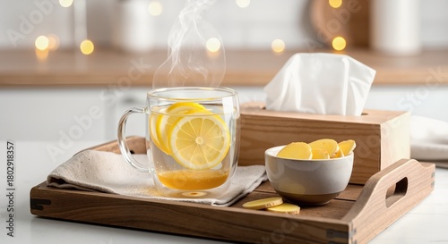 Hot lemon and ginger tea in a glass mug for cold and flu season. A natural home remedy with fresh ingredients and tissues in the background
