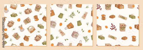 Kraft gift box seamless pattern background in flat vintage style. Eco present and paper package detail create a soft xmas pack, perfect as a holiday or festive wrapping collection.