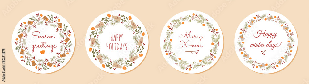 Fototapeta premium Flat xmas wreath pack with red berry in circle set. Christmas pack with kraft box and pine, fir, branch. Holiday decor and graphic ornament, perfect for gift or present box.