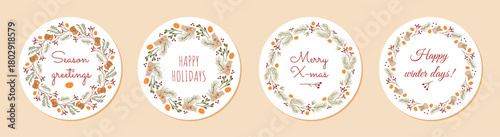 Flat xmas wreath pack with red berry in circle set. Christmas pack with kraft box and pine, fir, branch. Holiday decor and graphic ornament, perfect for gift or present box.