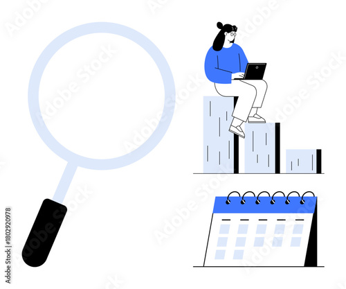 Magnifying glass, seated woman with laptop on bar chart, and calendar suggest research, planning, and goal tracking. Ideal for business, analytics, productivity, workflow time management success